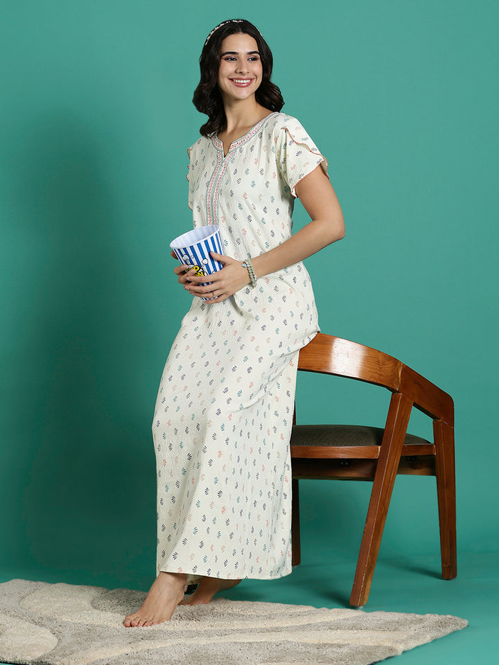 Creamy Floral Print Premium Crush Cotton Ladies Nighty Dress