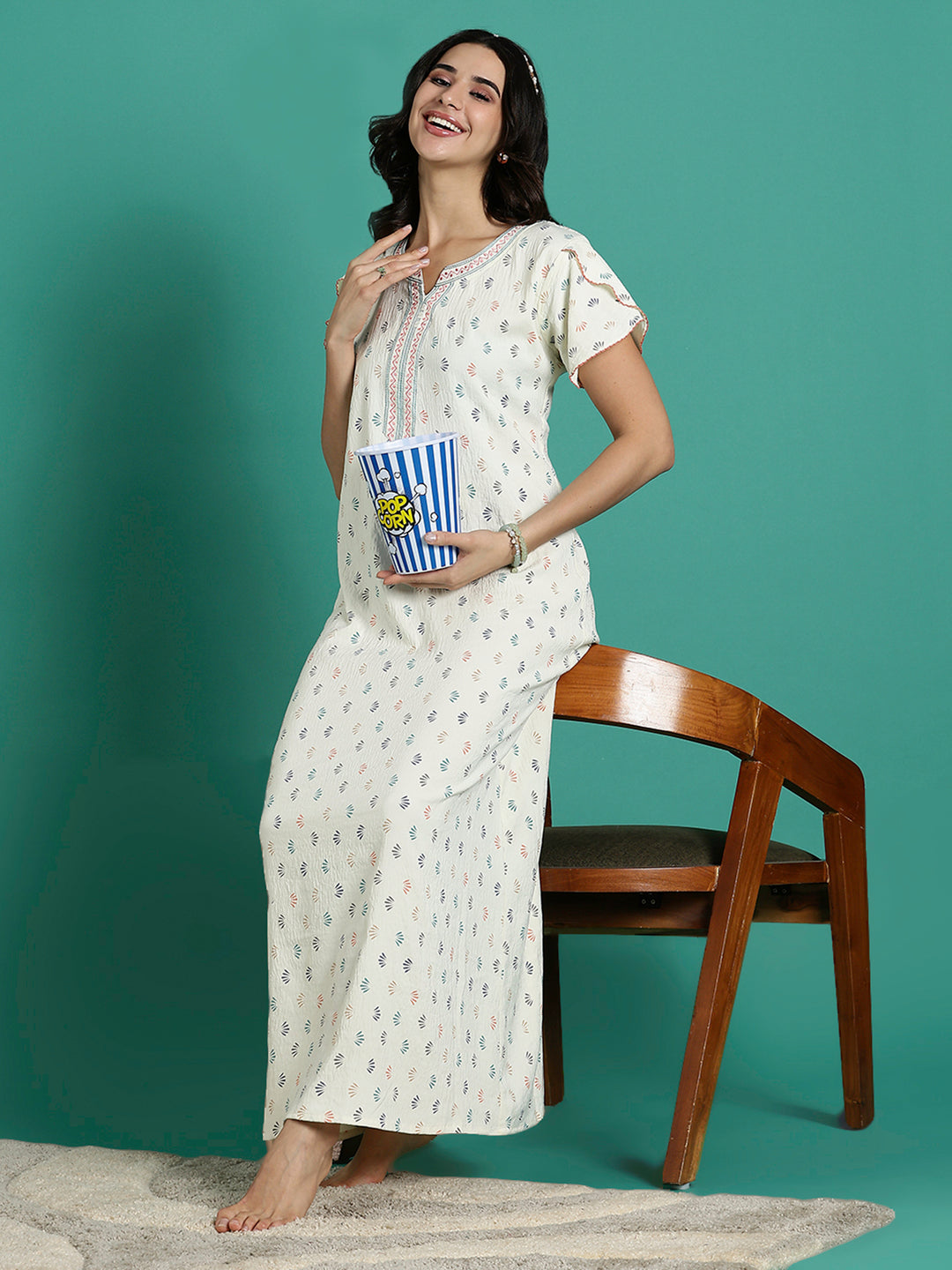 Creamy Floral Print Premium Crush Cotton Ladies Nighty Dress