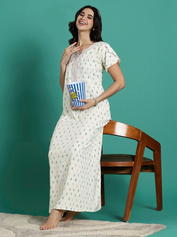 Creamy Floral Print Premium Crush Cotton Ladies Nighty Dress