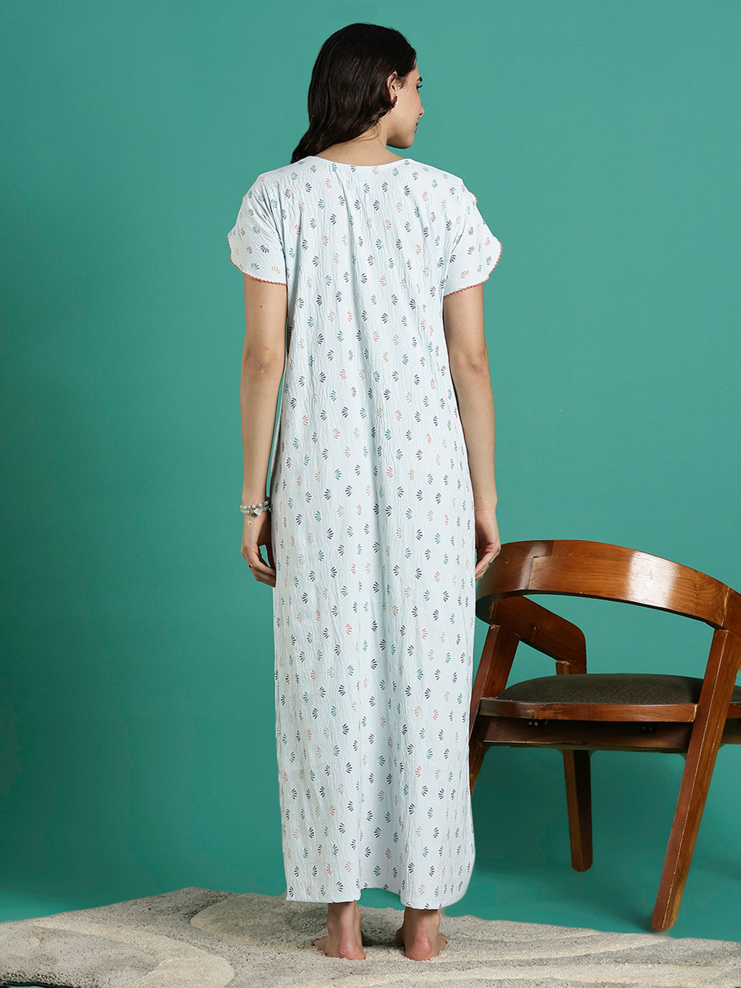 Creamy Floral Print Premium Crush Cotton Ladies Nighty Dress