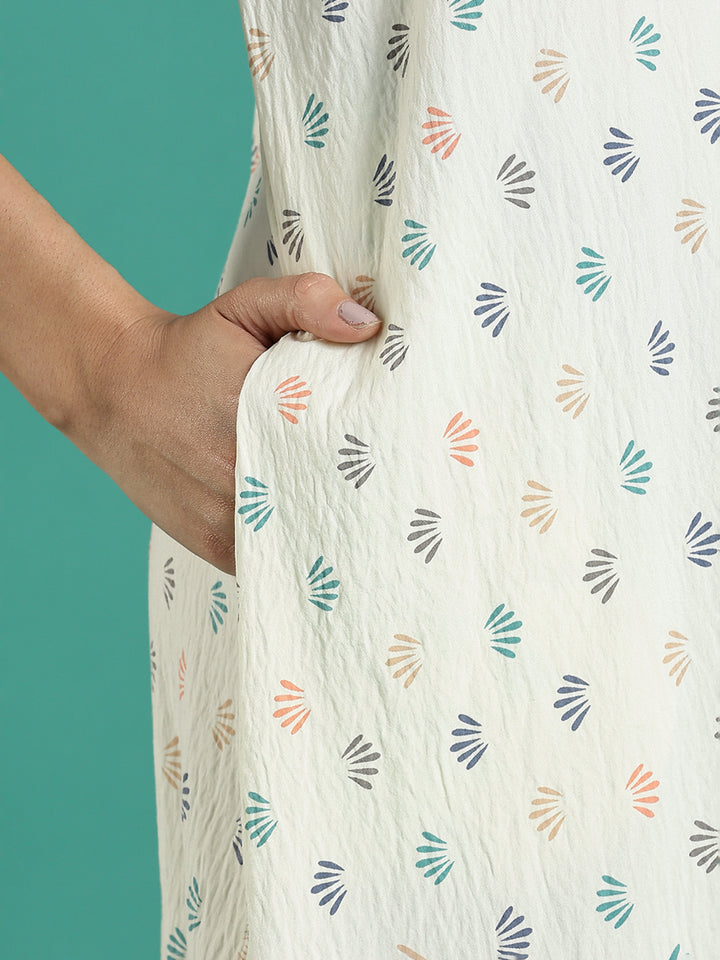 Creamy Floral Print Premium Crush Cotton Ladies Nighty Dress