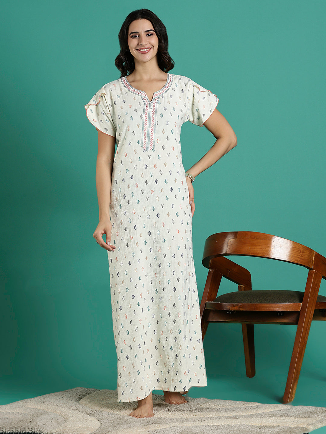 Creamy Floral Print Premium Crush Cotton Ladies Nighty Dress