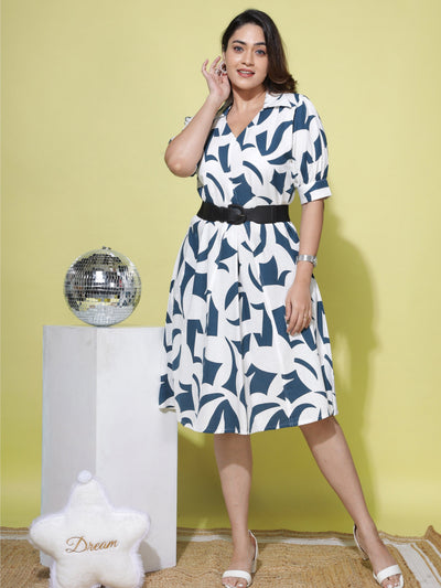 Cotton Linen Collared Neck Dress Blue