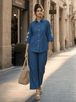 Light Blue Pure Cotton Denim Wash Co Ord Set for Women