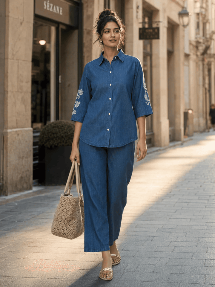 Light Blue Pure Cotton Denim Wash Co Ord Set for Women