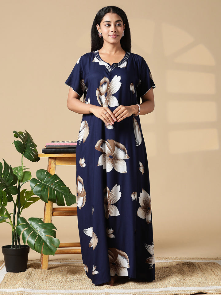 Dark Blue Rayon Fabric - Floral Nighty for Women with Pocket