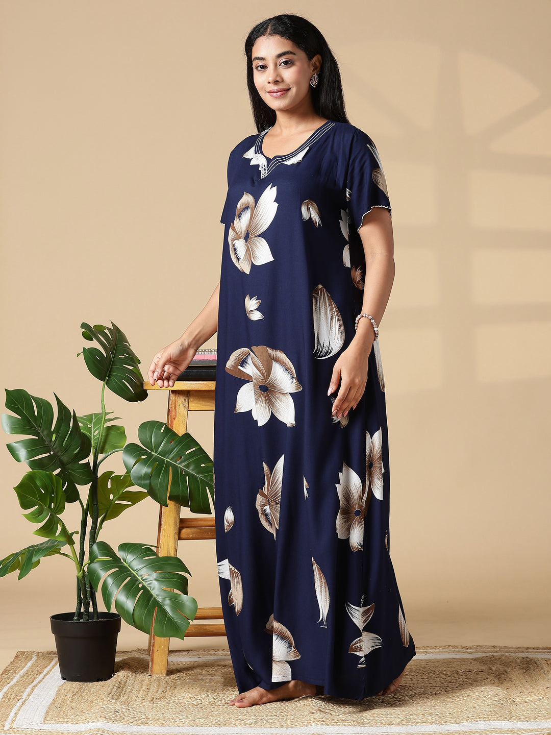 Dark Blue Rayon Fabric - Floral Nighty for Women with Pocket