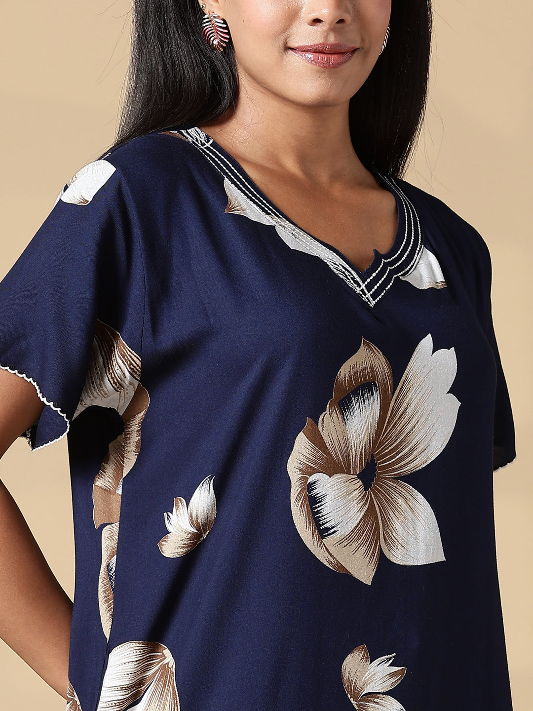 Dark Blue Rayon Fabric - Floral Nighty for Women with Pocket