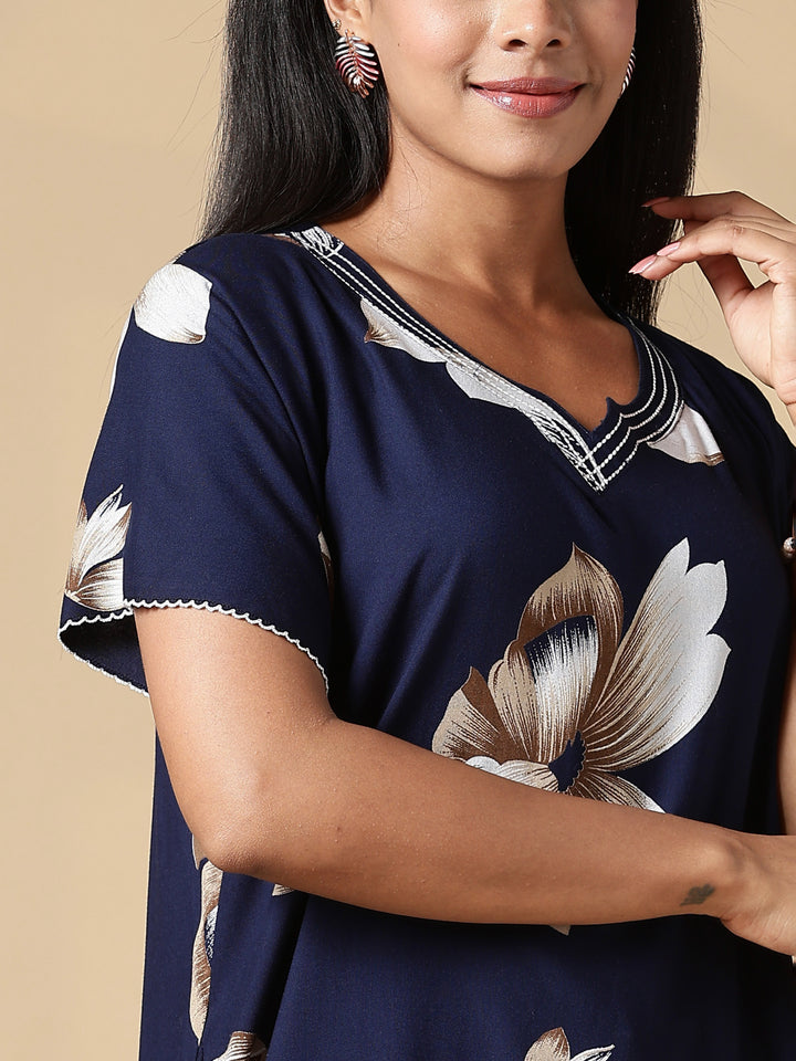 Dark Blue Rayon Fabric - Floral Nighty for Women with Pocket