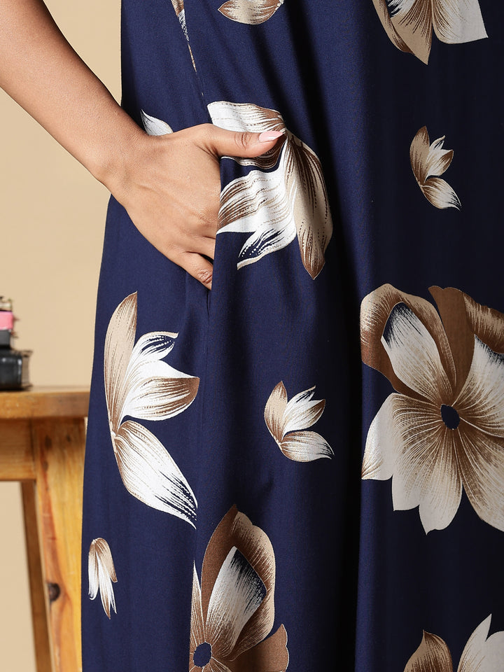 Dark Blue Rayon Fabric - Floral Nighty for Women with Pocket