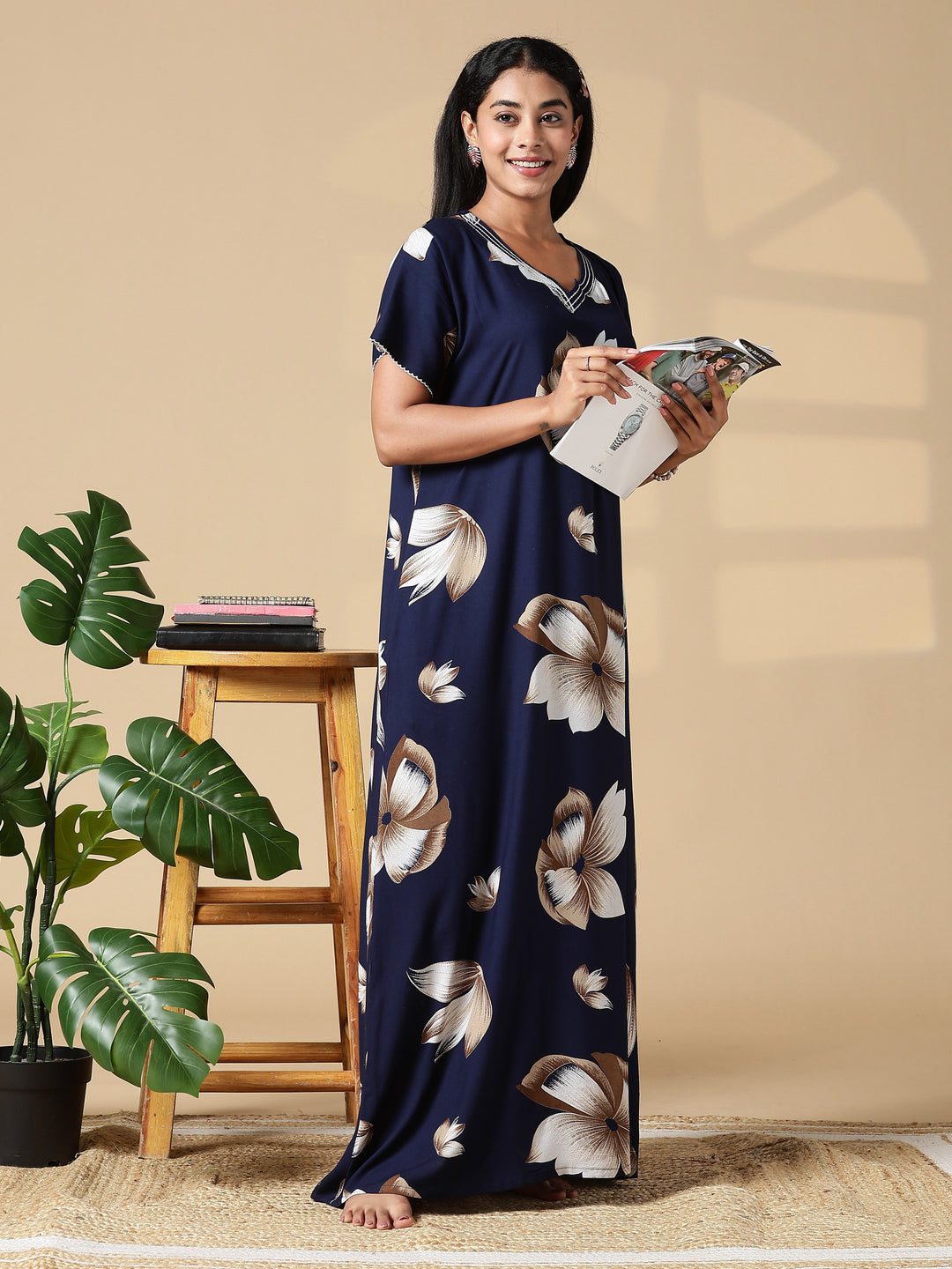 Dark Blue Rayon Fabric - Floral Nighty for Women with Pocket