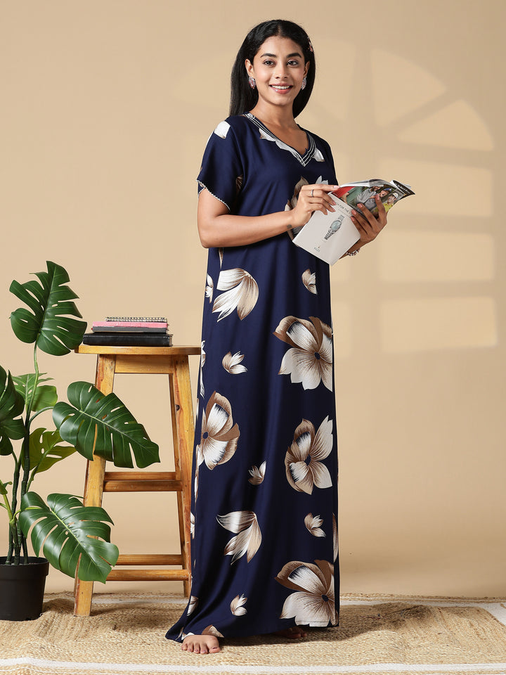 Dark Blue Rayon Fabric - Floral Nighty for Women with Pocket