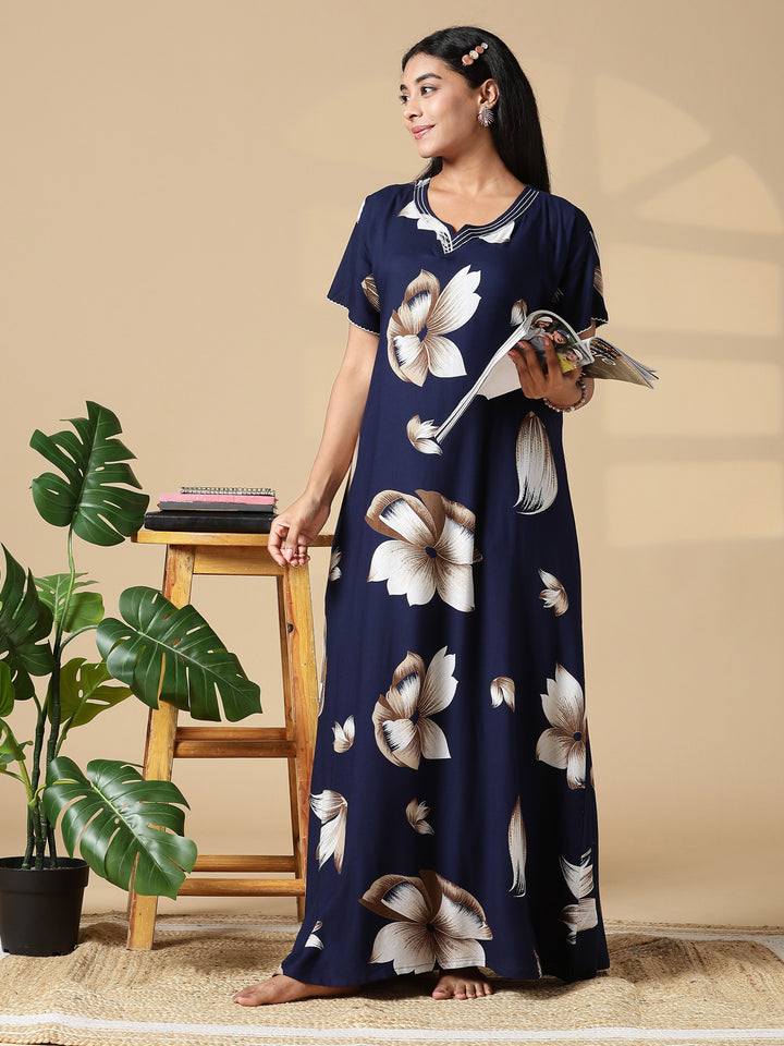 Dark Blue Rayon Fabric - Floral Nighty for Women with Pocket