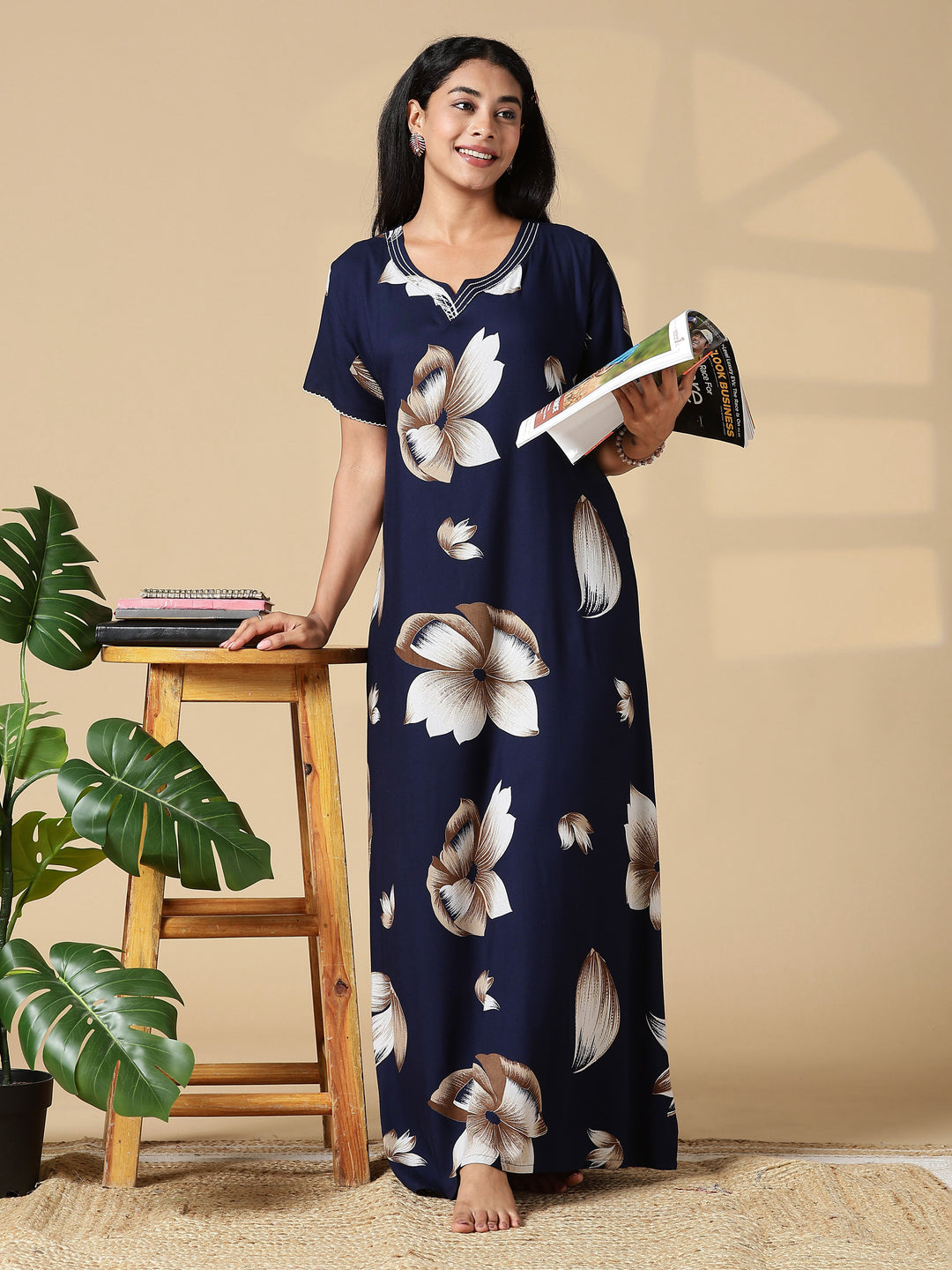 Dark Blue Rayon Fabric - Floral Nighty for Women with Pocket