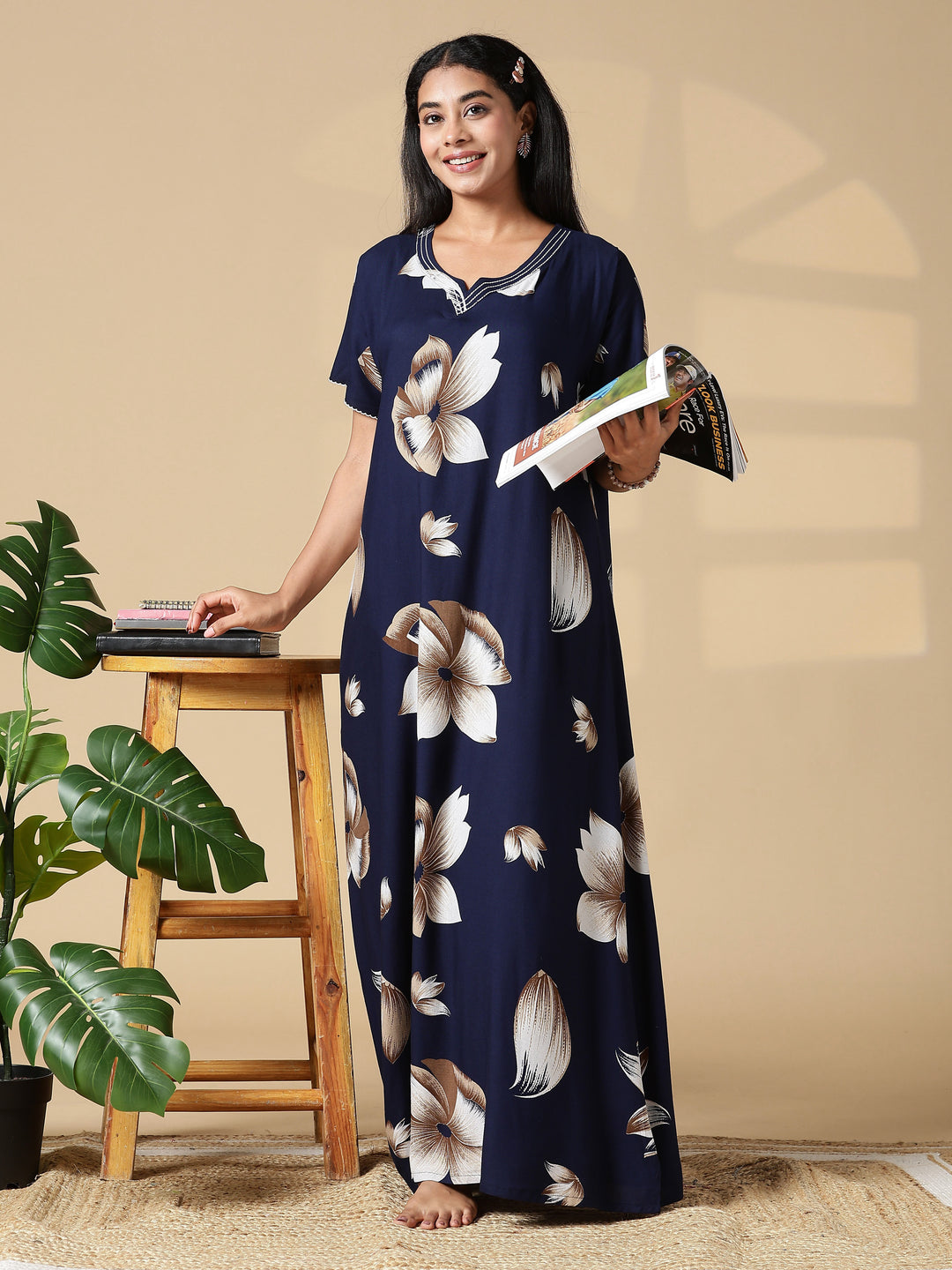 Dark Blue Rayon Fabric - Floral Nighty for Women with Pocket