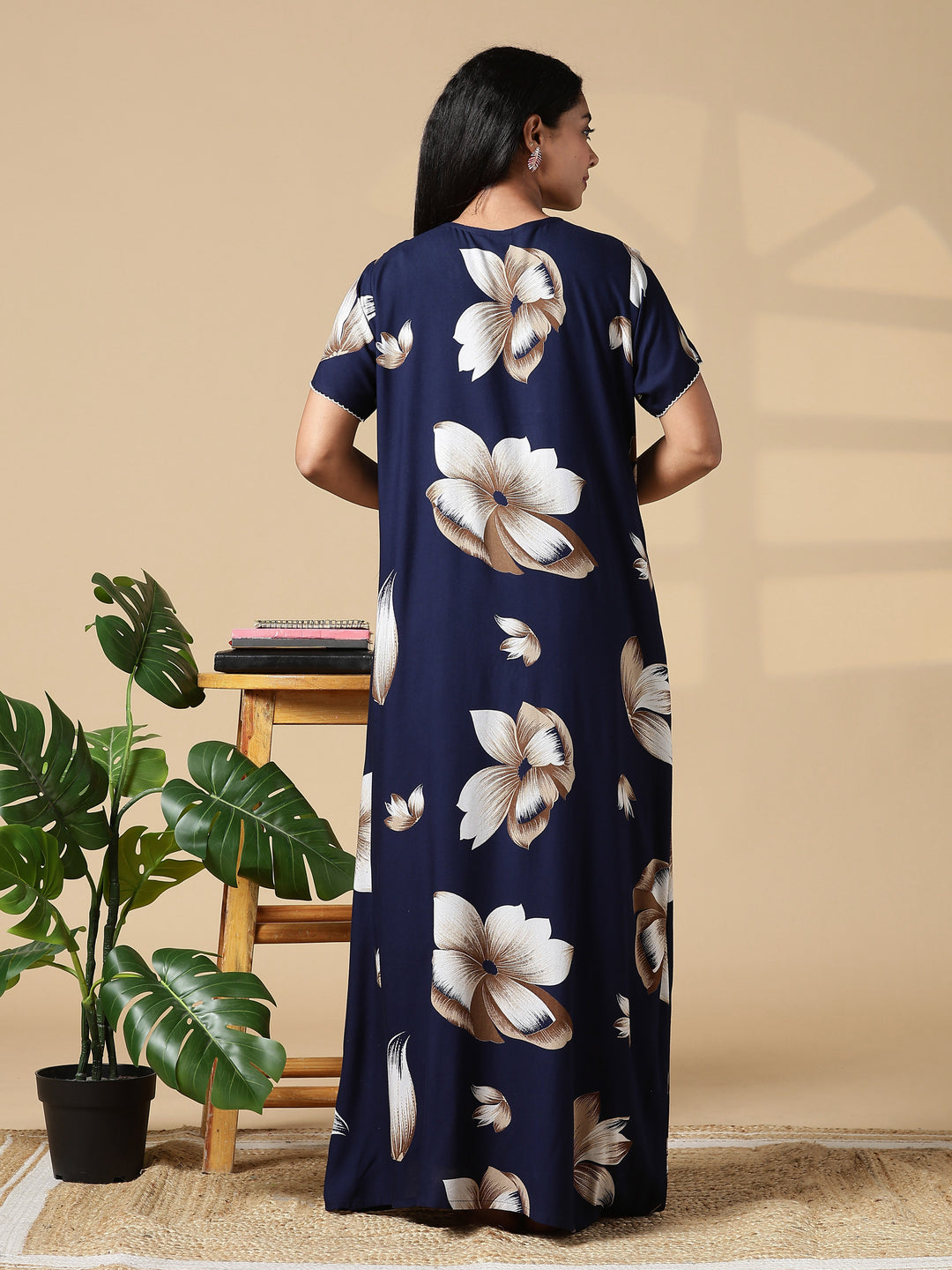 Dark Blue Rayon Fabric - Floral Nighty for Women with Pocket