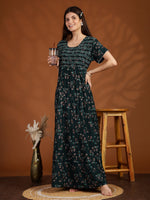 Floral Smokey Alpine Nighty in Dark Green for Women with Pocket
