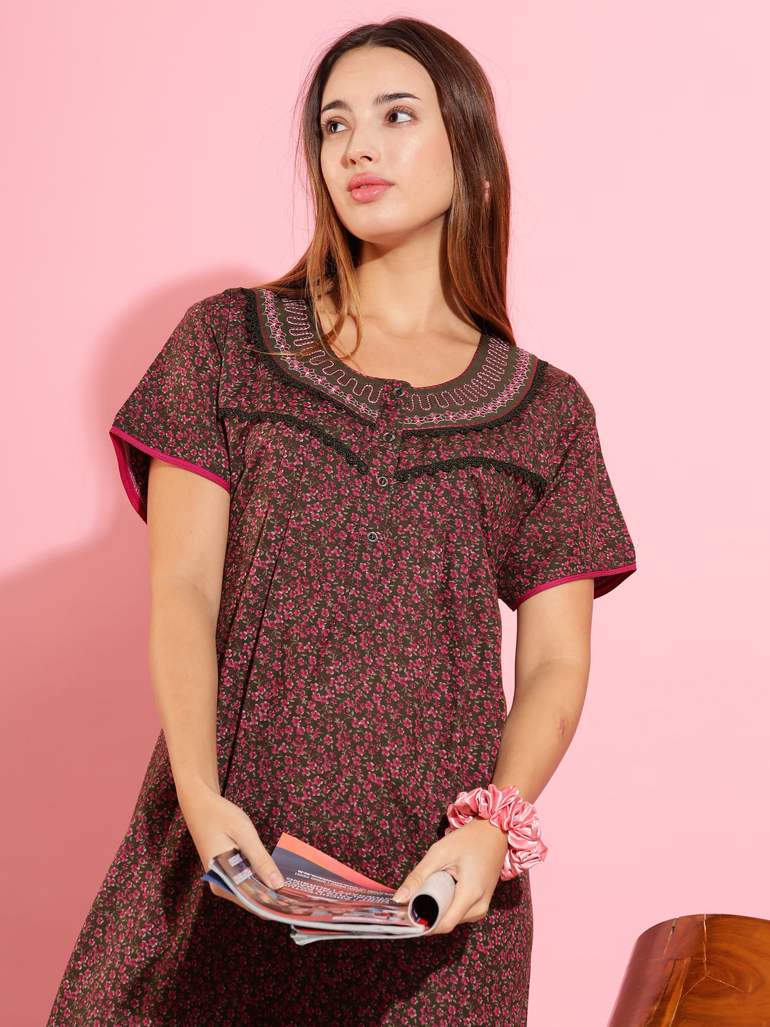 Stylish Floral Dark Green Front Open Nighty For Women