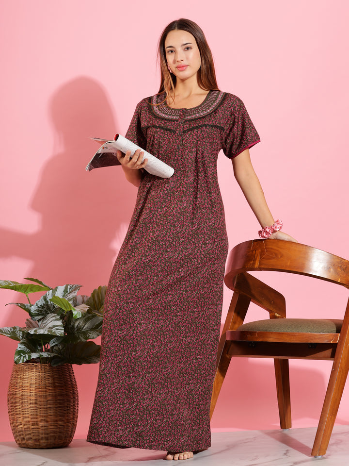Stylish Floral Dark Green Front Open Nighty For Women