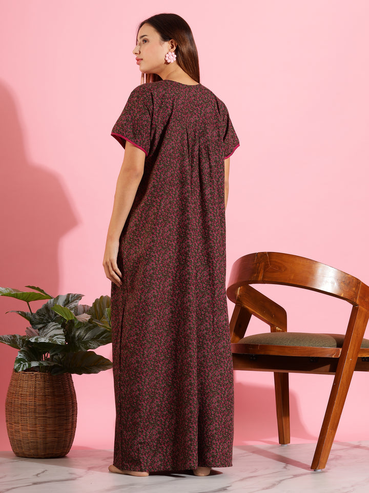 Stylish Floral Dark Green Front Open Nighty For Women