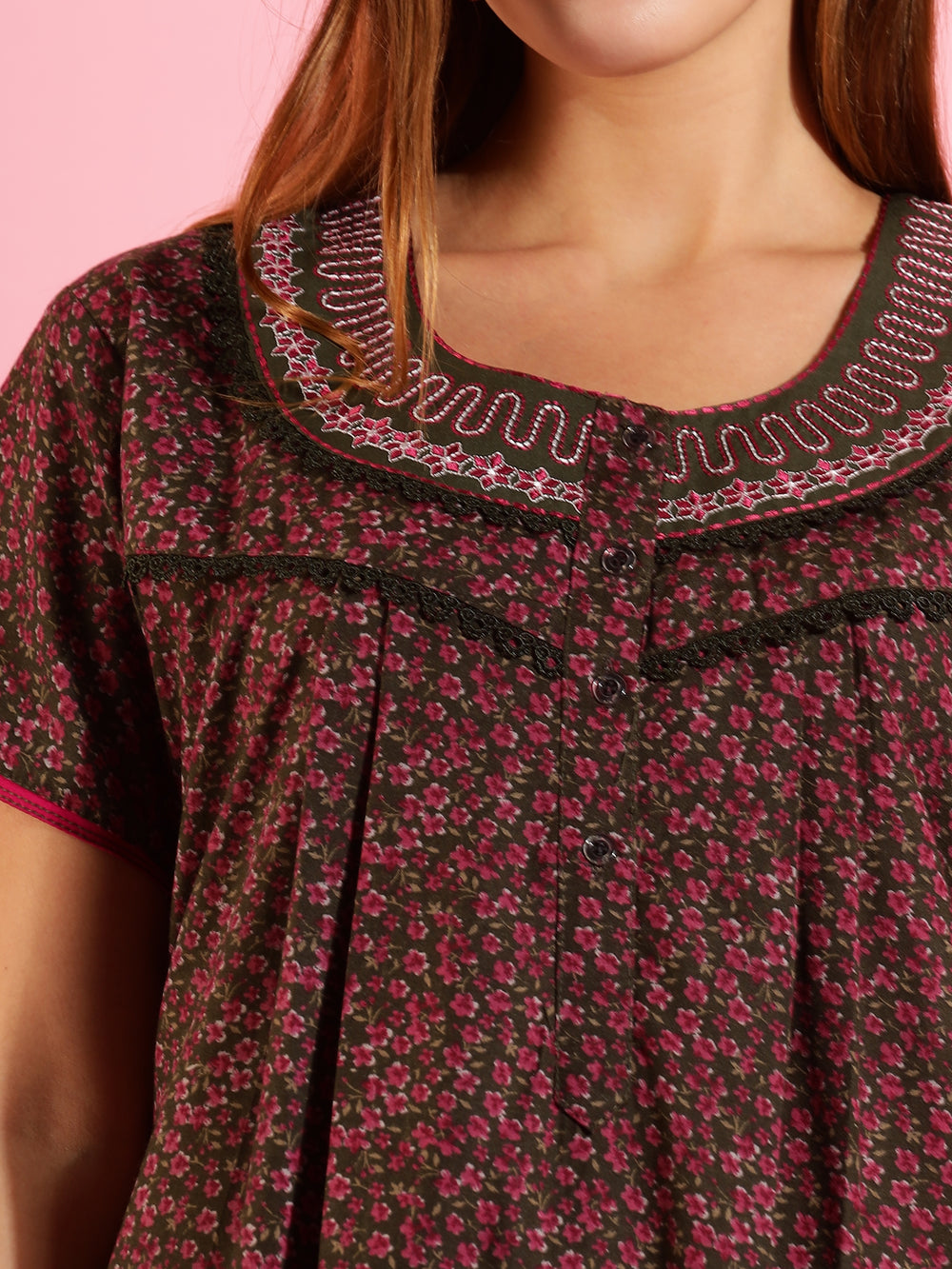 Stylish Floral Dark Green Front Open Nighty For Women