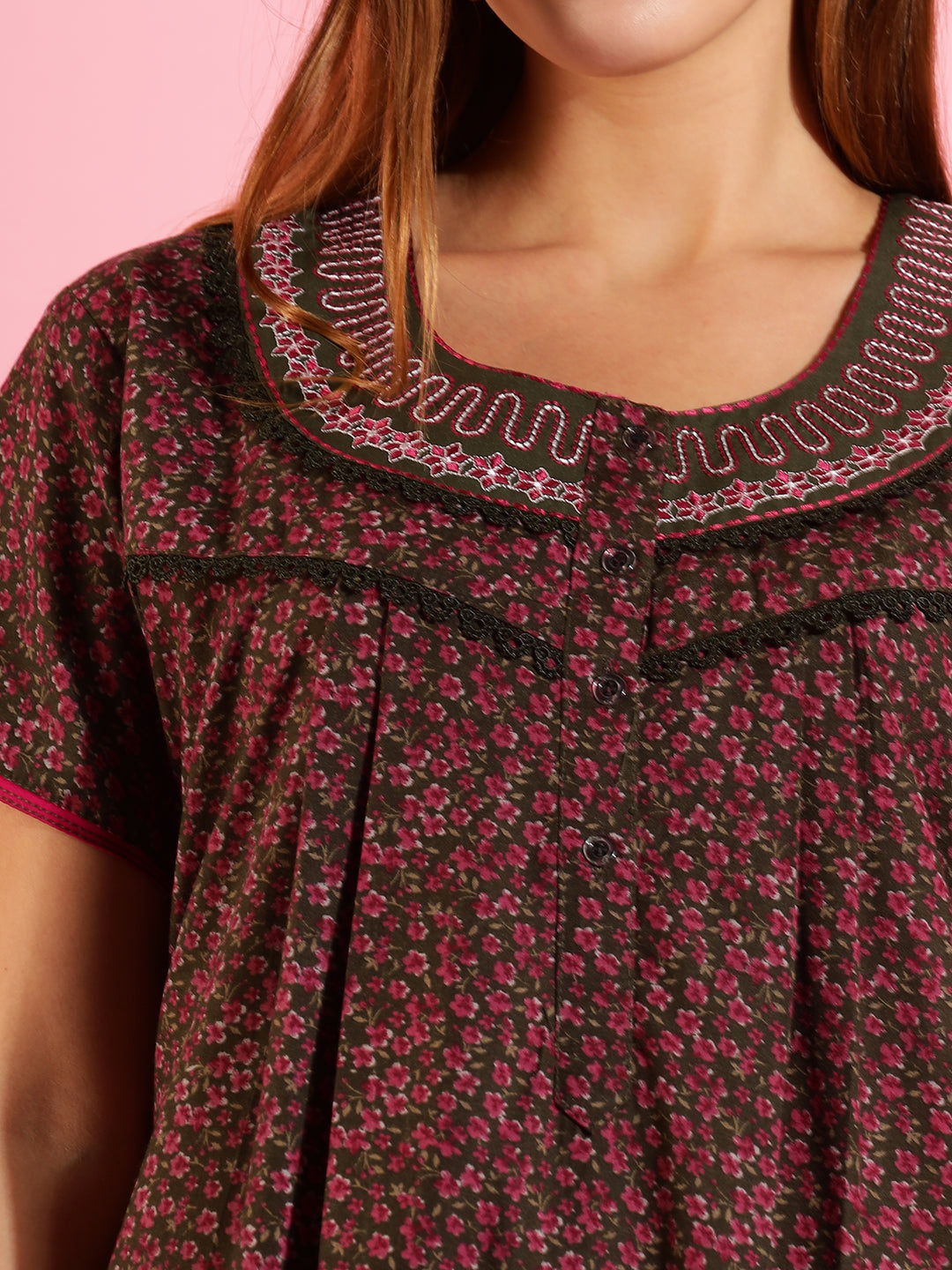 Stylish Floral Dark Green Front Open Nighty For Women