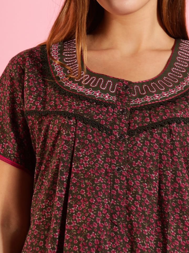 Stylish Floral Dark Green Front Open Nighty For Women