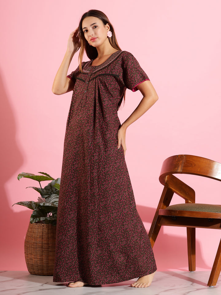Stylish Floral Dark Green Front Open Nighty For Women