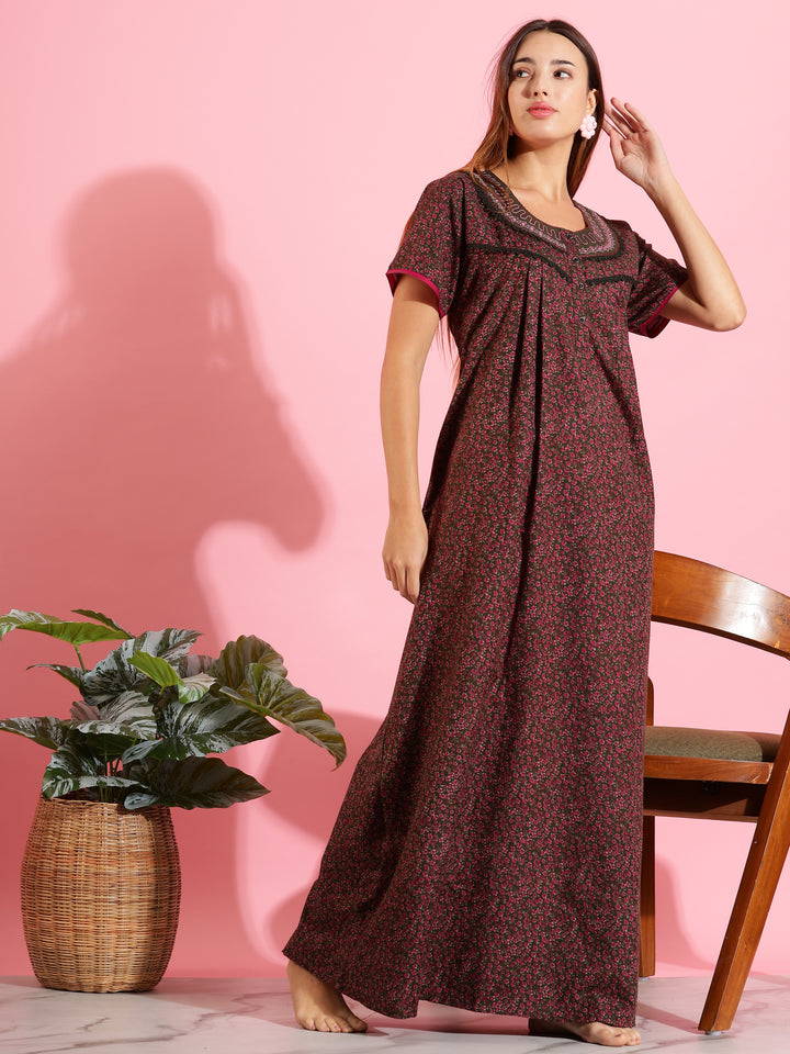 Stylish Floral Dark Green Front Open Nighty For Women
