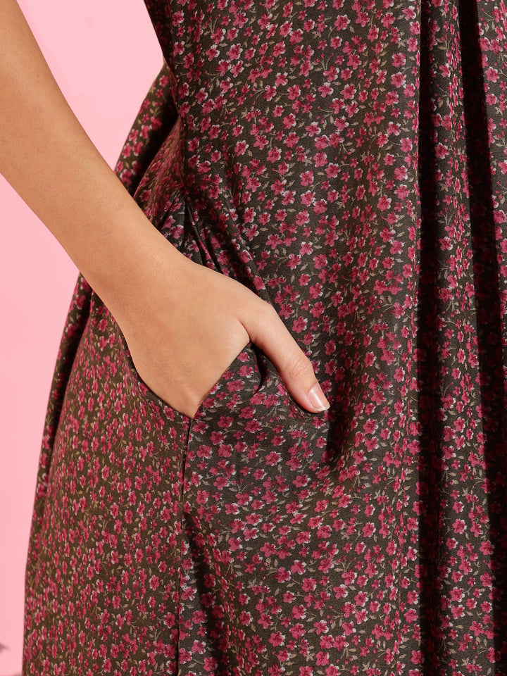 Stylish Floral Dark Green Front Open Nighty For Women