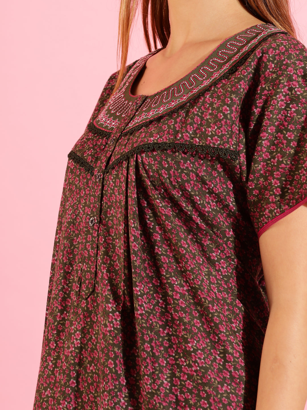 Stylish Floral Dark Green Front Open Nighty For Women