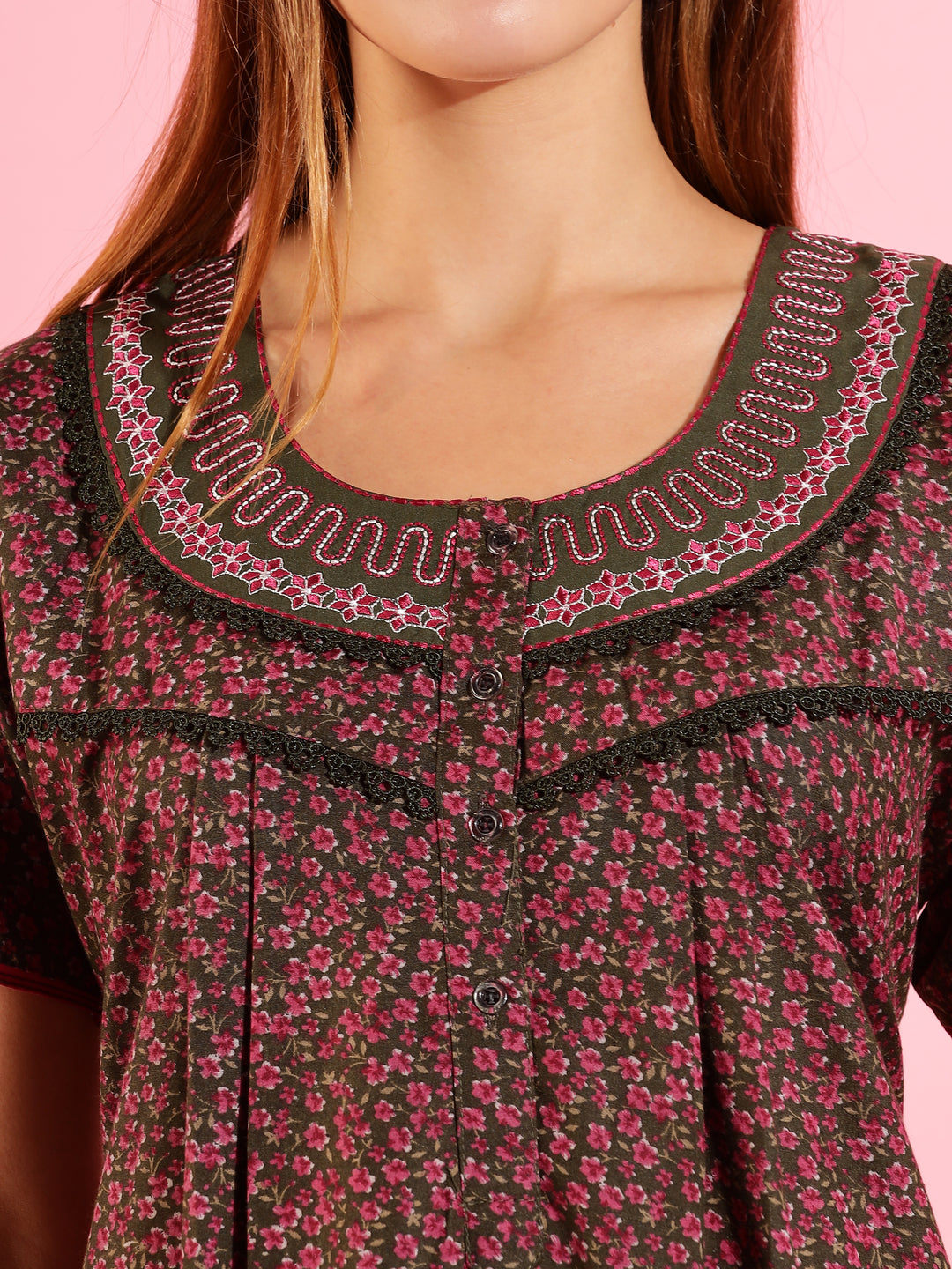 Stylish Floral Dark Green Front Open Nighty For Women