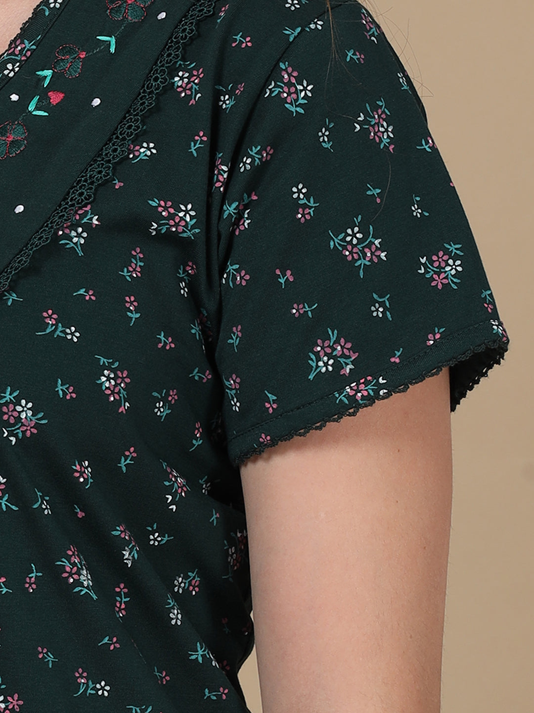 Embroidred Dark Green Front Open Nighty for Women