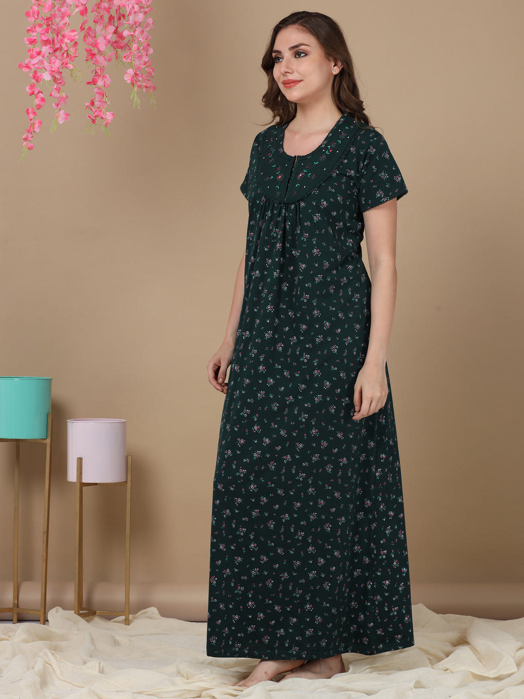 Embroidred Dark Green Front Open Nighty for Women