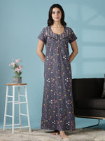 Dark Grey Hosiery Cotton Embroidered Nighty for Women Soft and Elegant