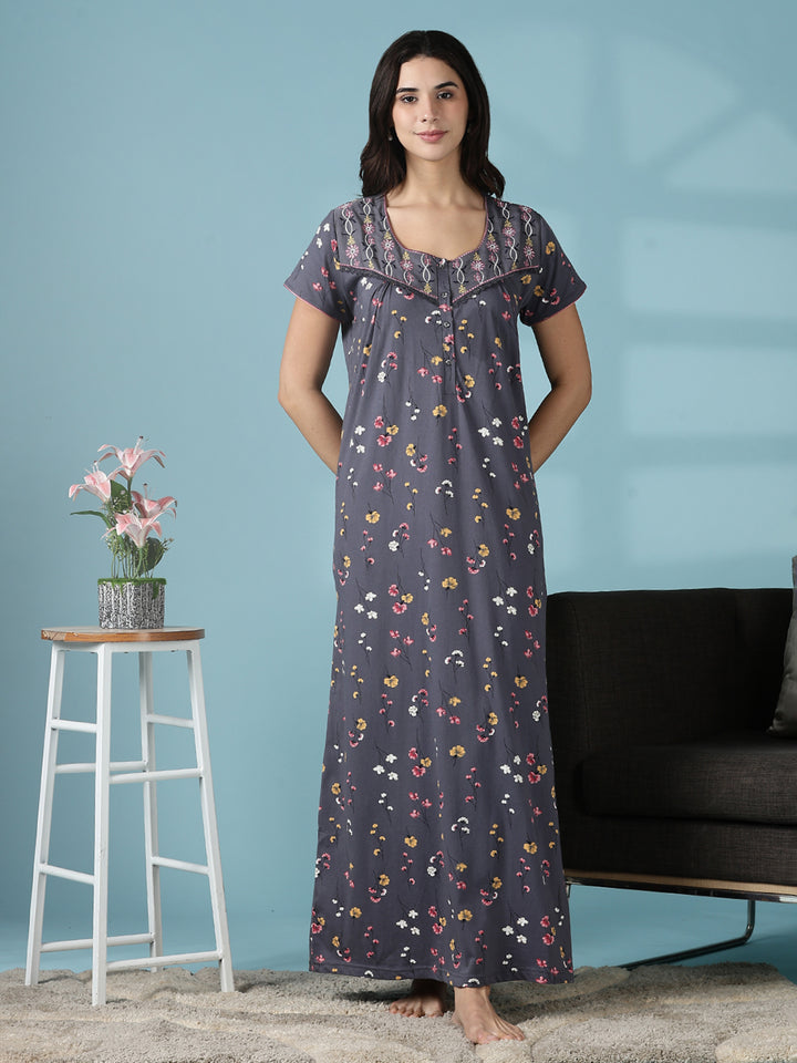 Dark Grey Hosiery Cotton Embroidered Nighty for Women