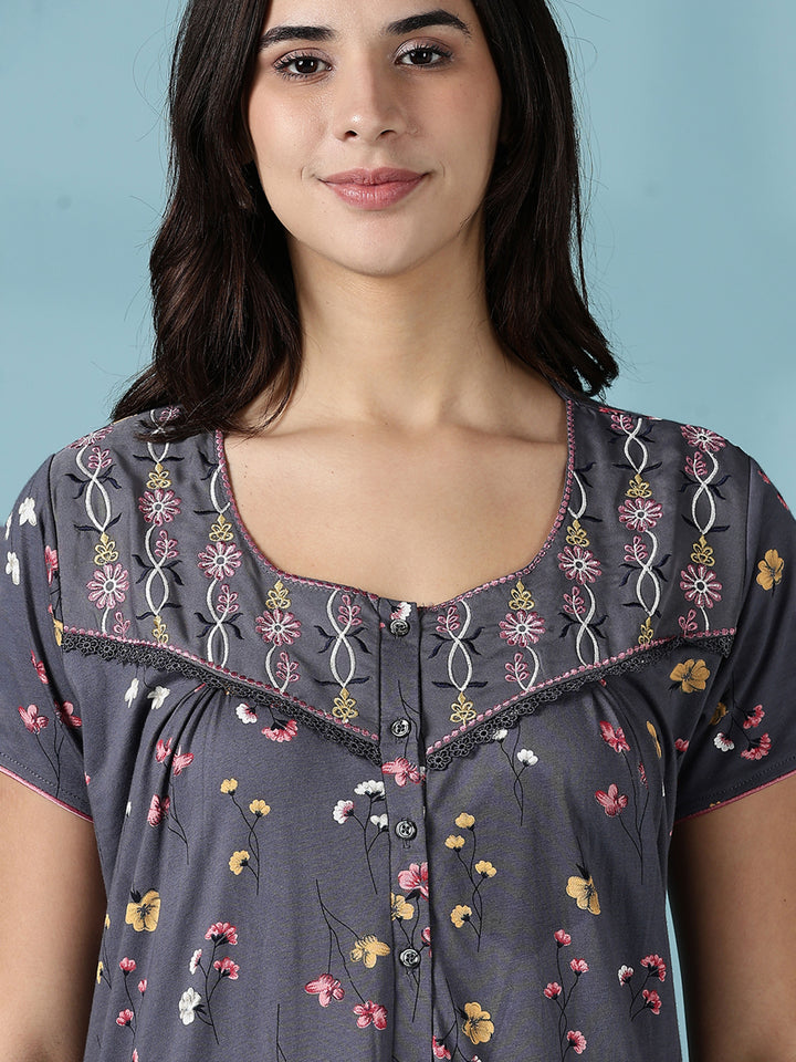 Dark Grey Hosiery Cotton Embroidered Nighty for Women
