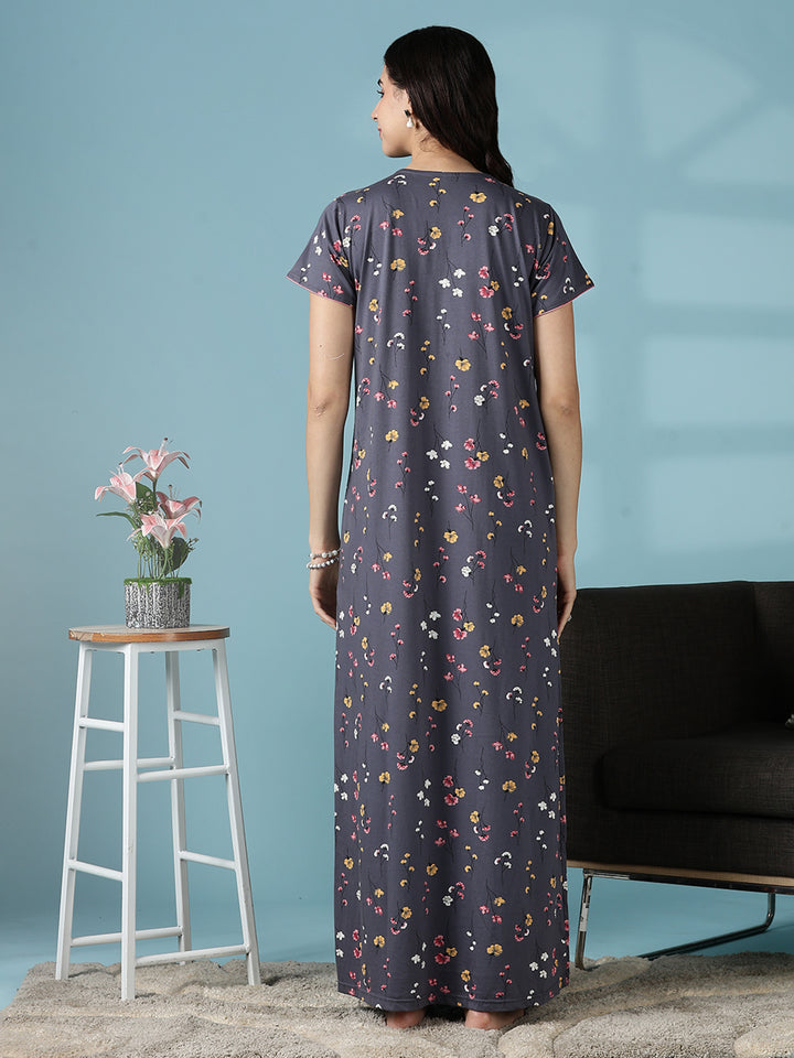 Dark Grey Hosiery Cotton Embroidered Nighty for Women