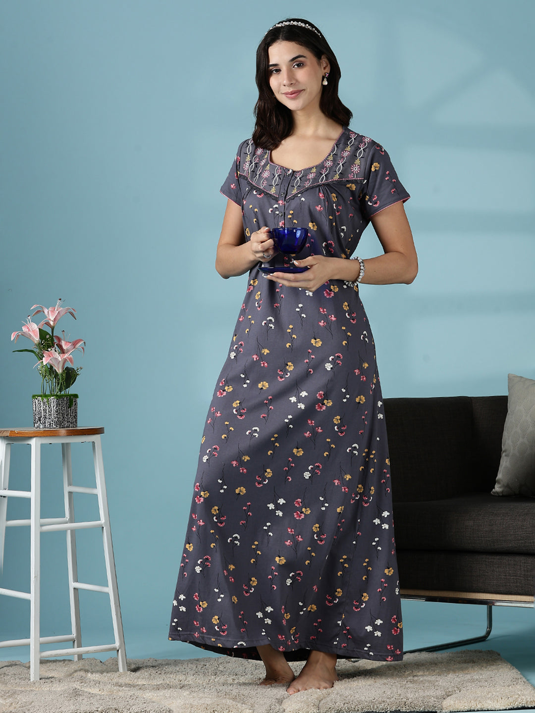 Dark Grey Hosiery Cotton Embroidered Nighty for Women