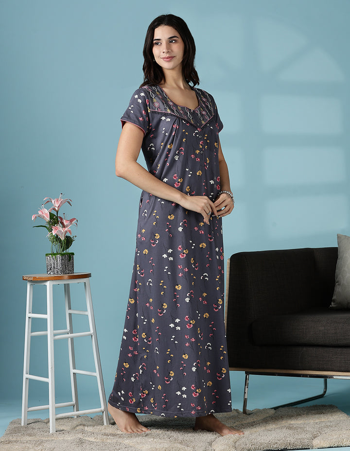 Dark Grey Hosiery Cotton Embroidered Nighty for Women