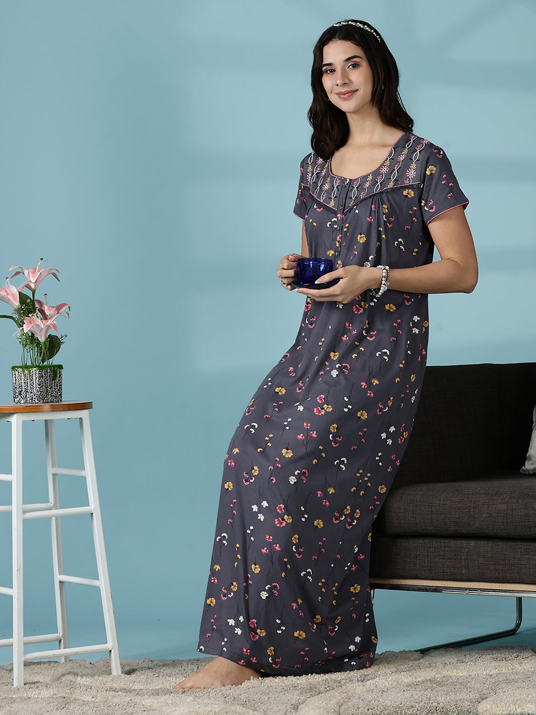 Dark Grey Hosiery Cotton Embroidered Nighty for Women