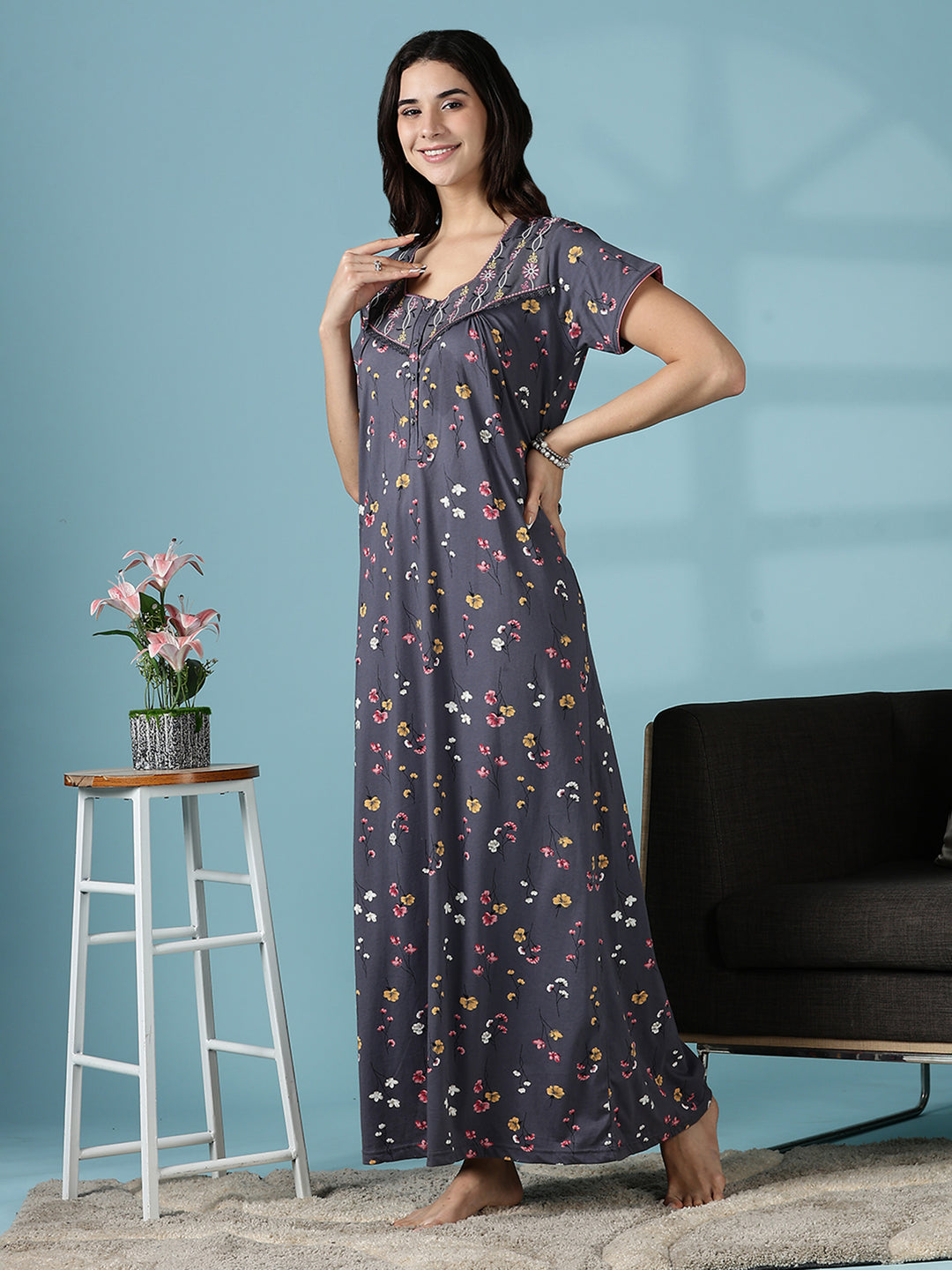 Dark Grey Hosiery Cotton Embroidered Nighty for Women