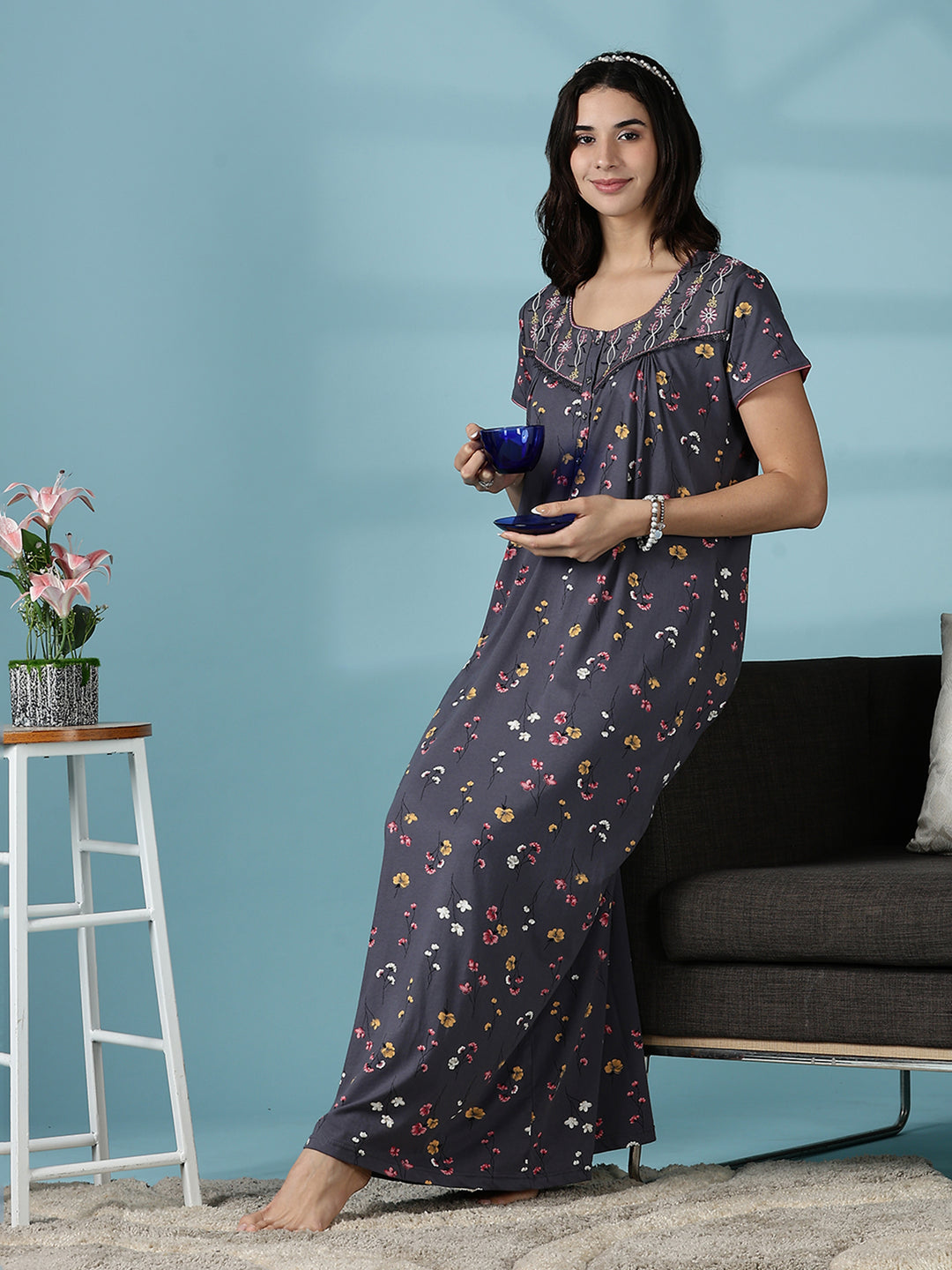 Dark Grey Hosiery Cotton Embroidered Nighty for Women