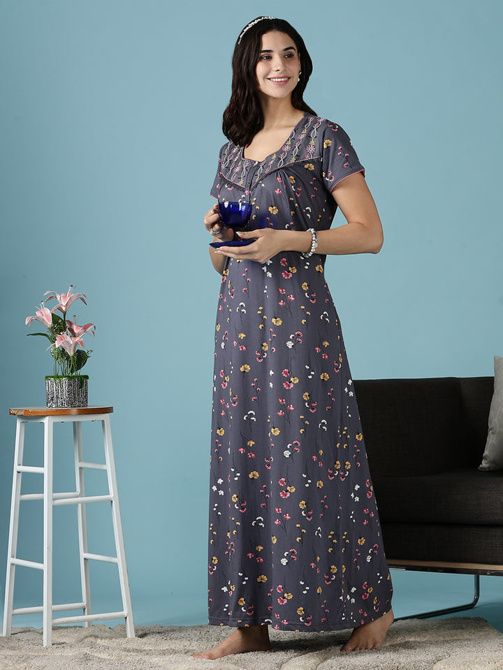 Dark Grey Hosiery Cotton Embroidered Nighty for Women