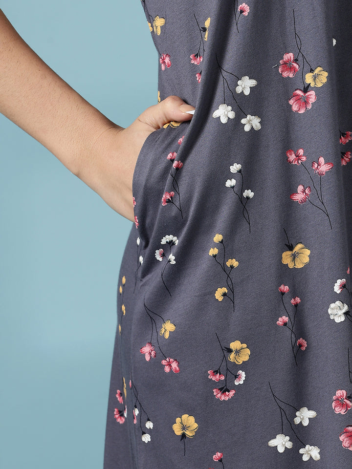 Dark Grey Hosiery Cotton Embroidered Nighty for Women