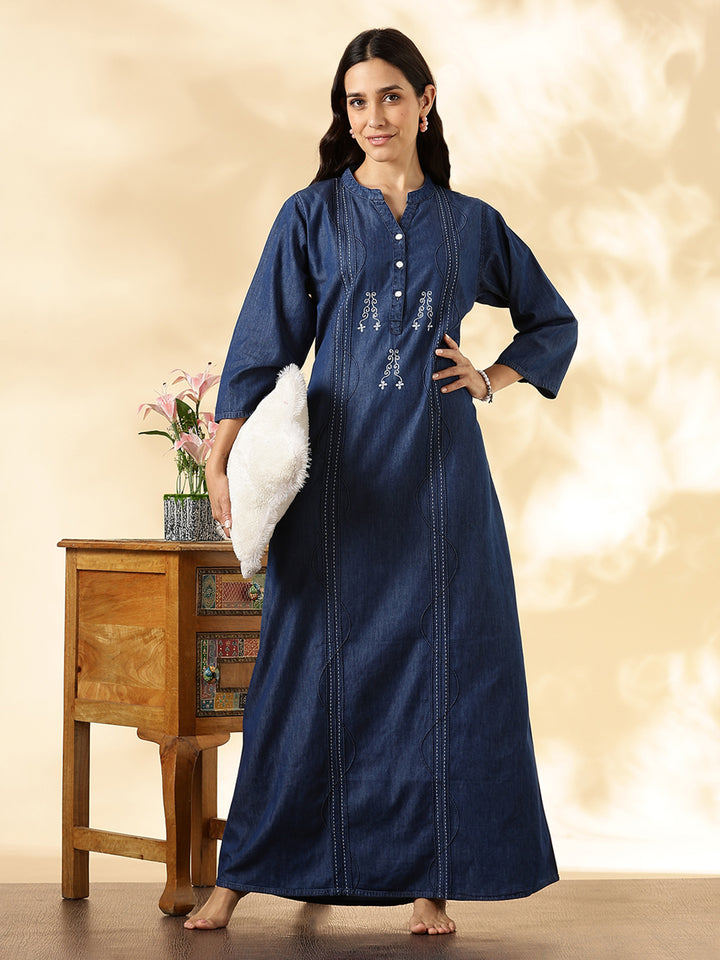 Deep Blue Denim Feel Cotton Nighty For Women with Embroidery and Pocket