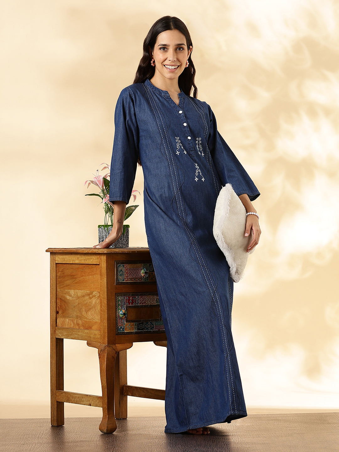 Deep Blue Denim Cozy Cotton Nighty For Women with Embroidery