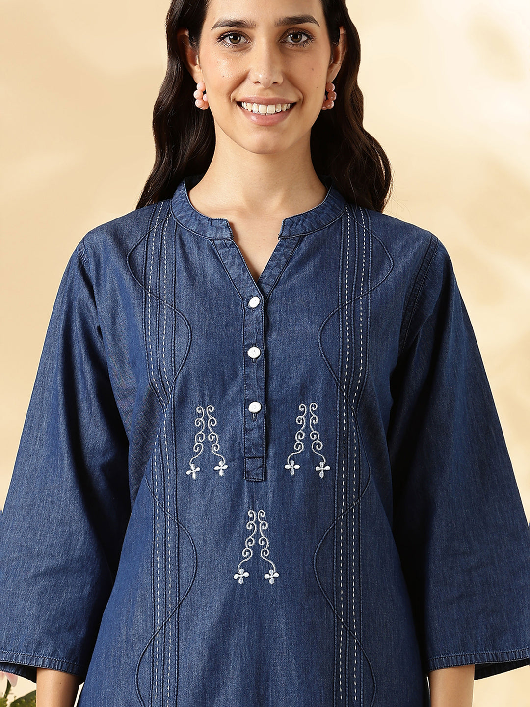 Deep Blue Denim Cozy Cotton Nighty For Women with Embroidery