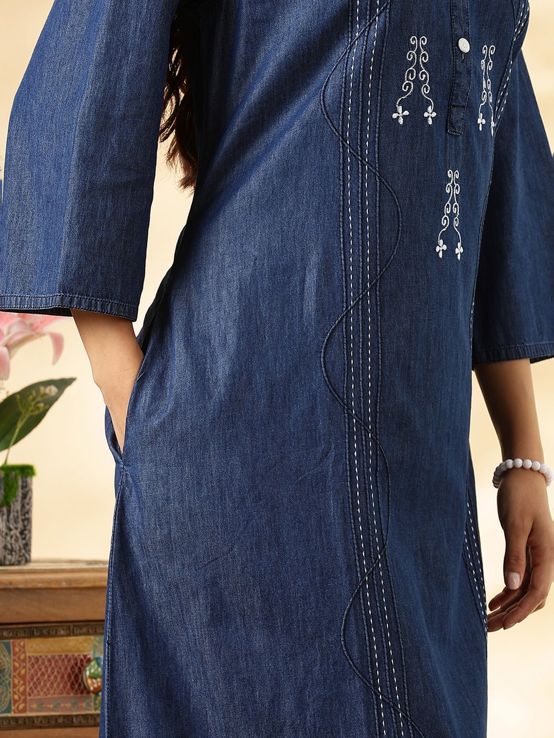 Deep Blue Denim Cozy Cotton Nighty For Women with Embroidery