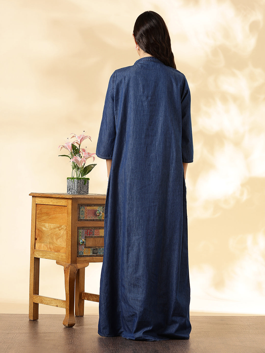 Deep Blue Denim Cozy Cotton Nighty For Women with Embroidery